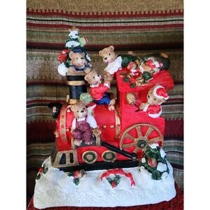 Vintage Musical Ceramic Christmas Train With Teddy Bears Plays Jingle Bells